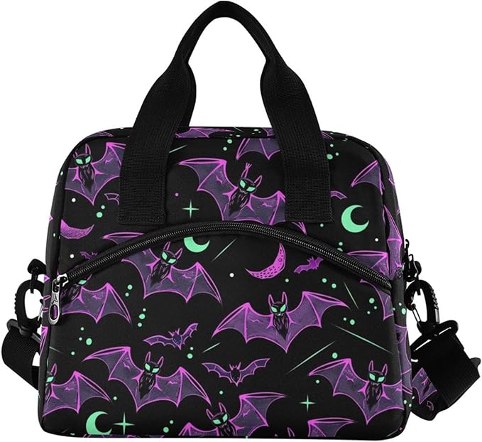 MNSRUU Insulated Lunch Bag Neon Purple and Bats Stars and Moons Women Men Fabric Dinner Tote Cooler Bag Reusable Leakproof Lunch Box with Adjustable Shoulder Handles Strap For Work School