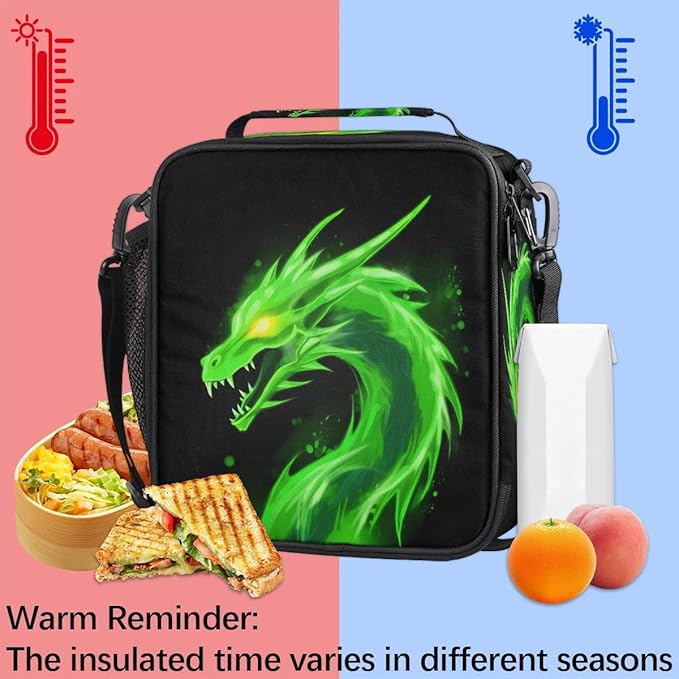 Kids Lunch Box for Boys Girls Green Dragon Animal Lunch Bag for Kids Insulated Lunch Bag Tote with Adjustable Shoulder Strap Teens Lunchbox Cooler School Picnic