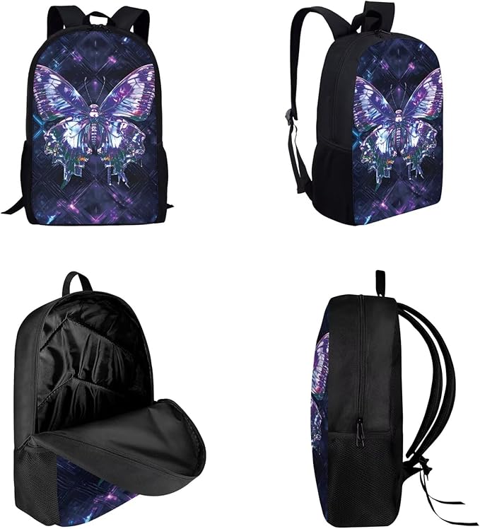 Dolyues Butterfly Print 3-Piece Girls Backpack Set - 17-Inch Bookbag, Lunch Box & Pencil Case - Preschool & Elementary/Middle School Backpack for Teens