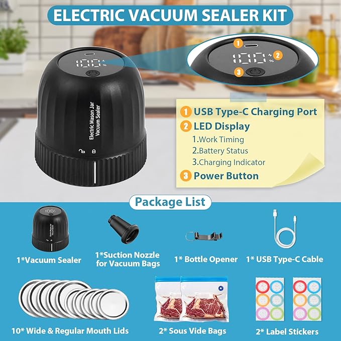 Yoobao Mason Jar Vacuum Sealer Kit - Auto Stop 3 in 1 Electric Mason Jar Sealer for Jars with Regular & Wide Mouth and Sous Vide Bags, Portable Canning Sealing Machine for Food Storage