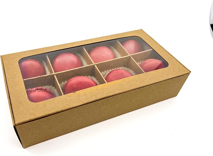 Treat boxes with window and dividers | 8 SMALL compartments | 8.75 x 4.5 x 1.9 in | Chocolate covered strawberries supplies, macaron boxes, baked goods packaging | 10-pack (Kraft)