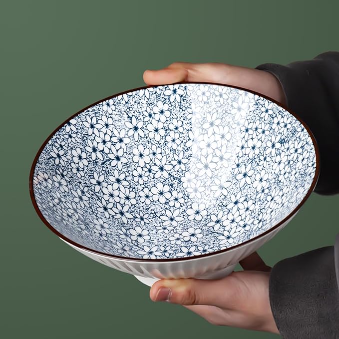 38 oz Japanese Ramen Bowl Set of 4 - Large 8 Inch Ceramic Soup Bowls, Blue and White Japanese Noodle Bowls for Pho, Ramen, and Cereal - Cherry Blossom Floral Patterns