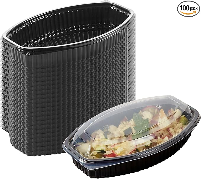 Restaurantware RW Base 24 Ounce Meal Prep Containers, 100 Microwavable To Go Containers With Lids - Disposable, Freezable, Black Plastic Oval Food Containers, Pack Hot And Cold Food, For Takeaway