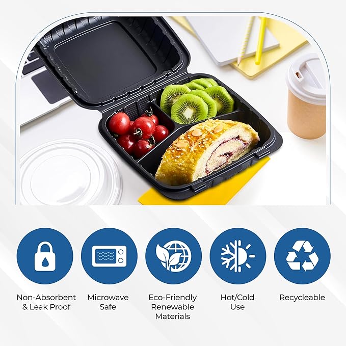8" X 8" 3-Compartment To Go Food Take Out Containers Boxes With Lids | 50 Pack Microwaveable Black Mineral-Filled Disposable Togo Plates Clamshell Containers With Dividers For Lunch Home Carry Away