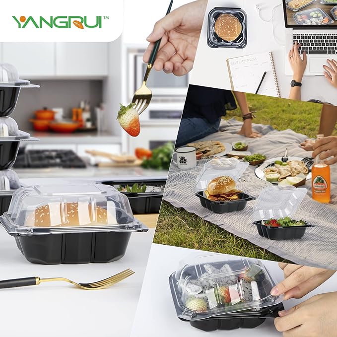 YANGRUI Clamshell Take Out Containers, Reusable Anti-Fog Shrink Wrap 55 Pack 6 x 6 Inch 15 oz Meal Prep Container BPA Free Microwave Freezer Safe Plastic Hinged To Go Containers