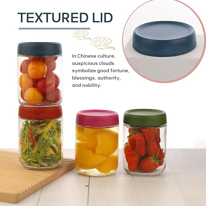 16 OZ Glass Food Jar Storage Containers with Airtight Lids, Reusable Wide Mouth Overnight Oats Glass Mason Jars for Snacks Yogurt Pudding(Multicolor 4pack-1)