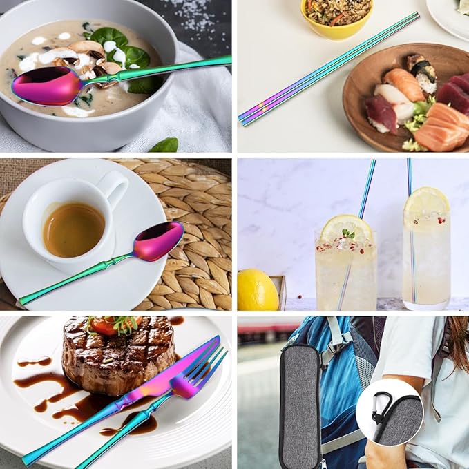 AARAINBOW 7 Pieces Stainless Steel Flatware Set Portable Reusable Cutlery Set Travel Utensils Set Including Chopsticks Knife Fork Spoon Straws Cleaning Brush Dishwasher Safe (B-Multicolored)