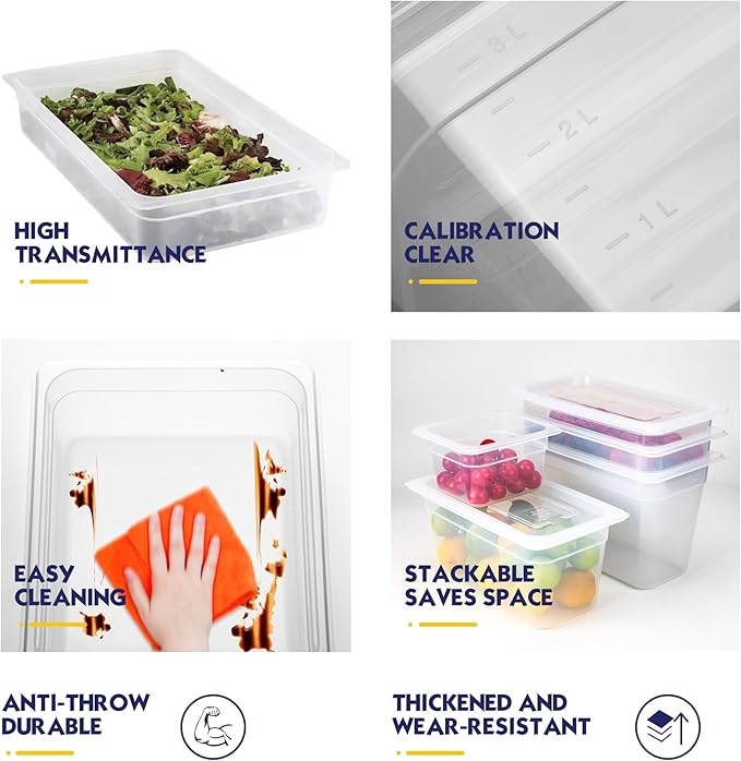12 Pack Plastic Food Pans with Lids, 1/9 Size 4'' Deep, Translucent, Commercial, BPA-free, Stackable Storage for Restaurants, Buffets