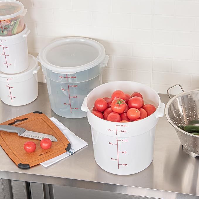Restaurantware-Met Lux 18 Quart Food Storage Containers, 10 White Storage Containers - Lids Sold Separately, Red Volume Markers, Dishwashable Containers, Side Handles, For Storing Foods