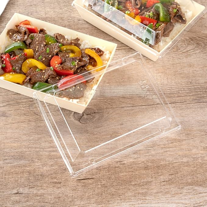 Restaurantware LIDS ONLY: Taipei 6.8 x 5.3 x 1.4 Inch Rectangle Lids 100 Plastic Lids For 20 Ounce Rectangle Wooden Containers - Containers Sold Separately Clear Plastic To Go Box Lids