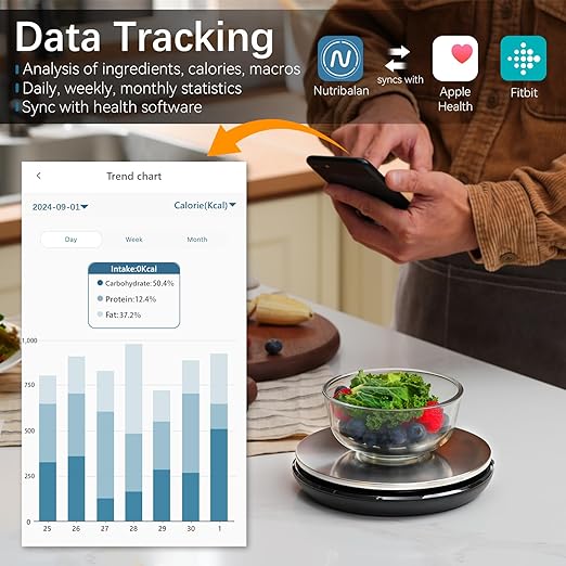 Smart Nutritional Scale, 0.005oz / 0.1g High Precision, Free APP with Nutrients Tracking, Calorie, Marco, Ounces and Grams, for Kitchen, Weight Loss, Meal Prep, etc. Black & Grey