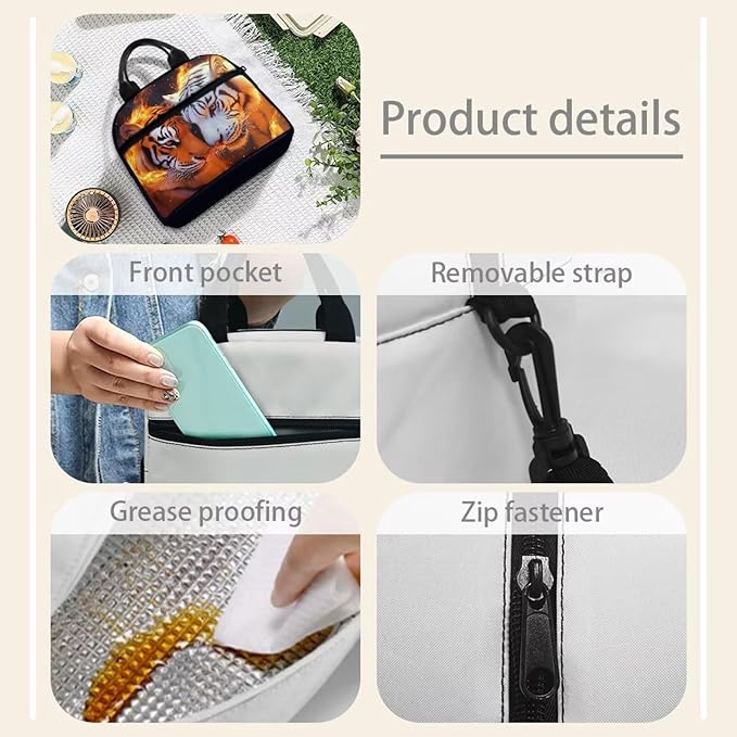 Showudesigns Fire Tiger Lunch Box for Teen Girls Middle School Kids Lunch Bag 10-12 12-14 Insulated Lunchbox Purse with Adjustable Shoulder Strap Thermal Meal Organizer Black