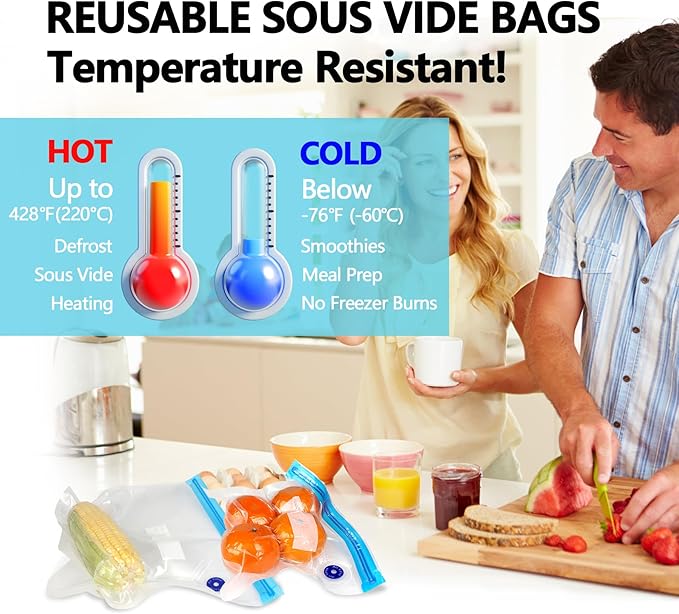 Sous Vide Bags 24 Pcs, 11x10 inches Reusable Vacuum Sealer Bags, Vacuum Food Storage Bag for Cooking, Food Storage, and Microwave Heating, with 2 Seal Clips & 5 Air Valves