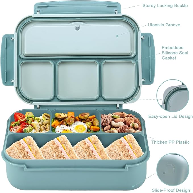 Bento Box Adult Lunch Box, Lunch Containers for Kids Girls Boys with 4 Compartments, Lunchable Food Container with Utensils, Sauce Jar, Muffin Liners, 40 Oz/5 Cup, Light Teal