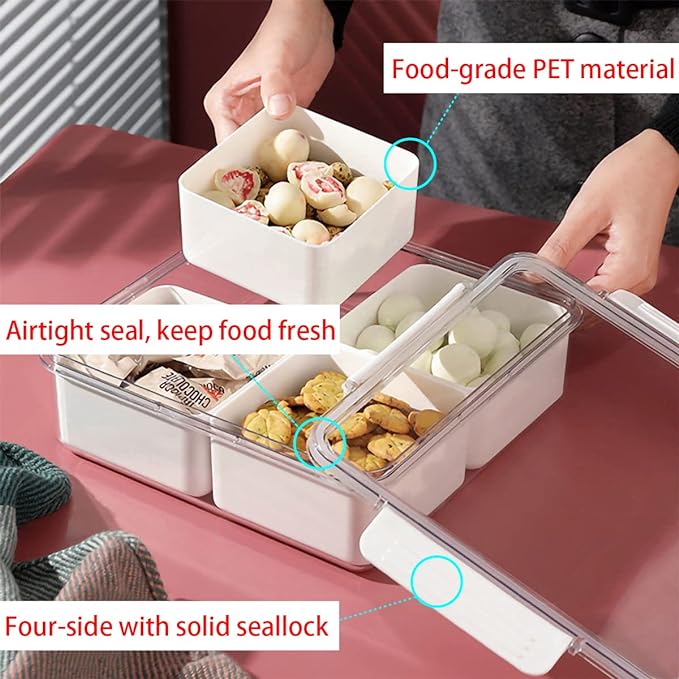 MineSign 3Pack Snackle Box Divided Veggie Serving Tray with Lid Salad Keeper with 4 Removable Boxes Stackable Refrigerator Organizer Bins Produce Saver for Meal Prep Fruit Vegetable Lunch Meat