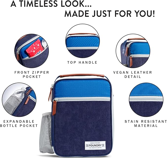 Fit & Fresh Insulated Lunch Box for Kids, Blue, Polyester, 10" x 8.25" x 4", with Side Pocket and Front Zip