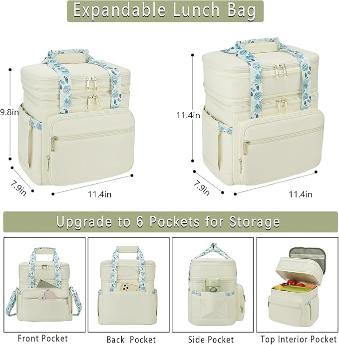 Double Deck Lunch Box for Women, Expandable Insulated Large Lunch Bag Women Leakproof Lightweight Lunch Cooler Bag Durable Lunchbox for Work Outdoor Travel, Beige