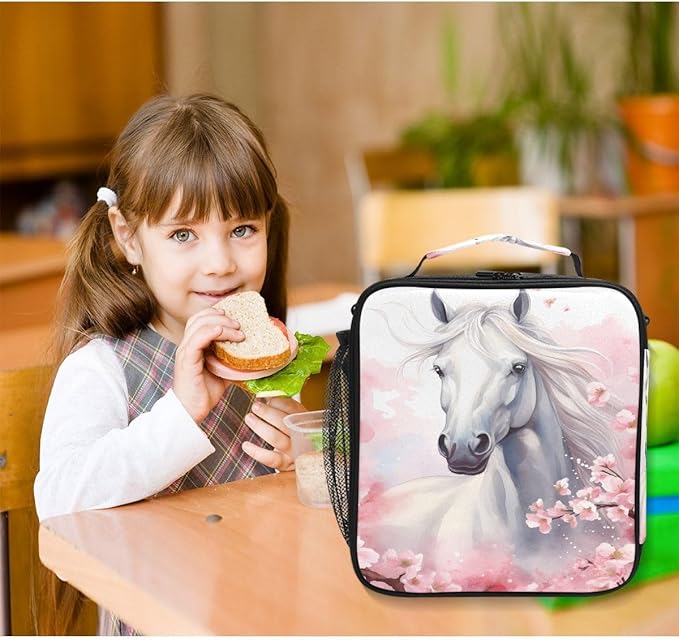 White Horse Lunch Box for Kids Boys Girls, Cherry Floral Cooler Insulated Lunch Tote Bag with Adjustable Strap for School Daycare