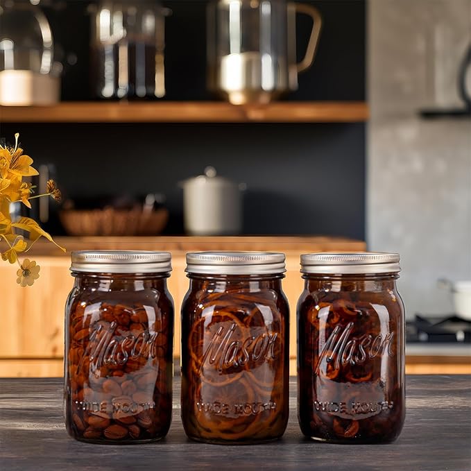 WELLIFE Amber Mason Jars, 6 Pack wide mouth mason jars for Pickling, Canning, Fermenting and Food Storage, Microwave & Dishwasher Safe