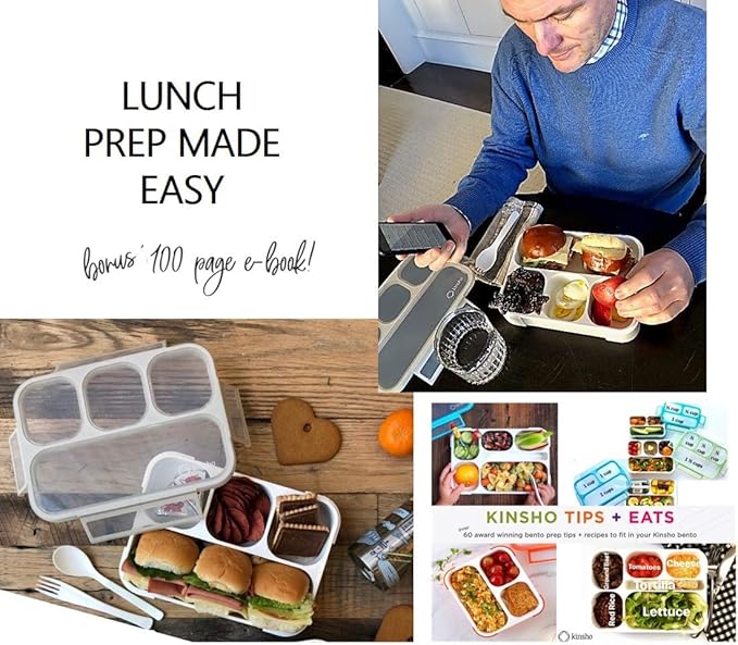 kinsho Bento Lunch Box Container for Kids Adults, Leakproof Portion Control Meal Prep Containers, Japanese Style Boxes with 4 Compartments for Boys Girls Teens | Grey