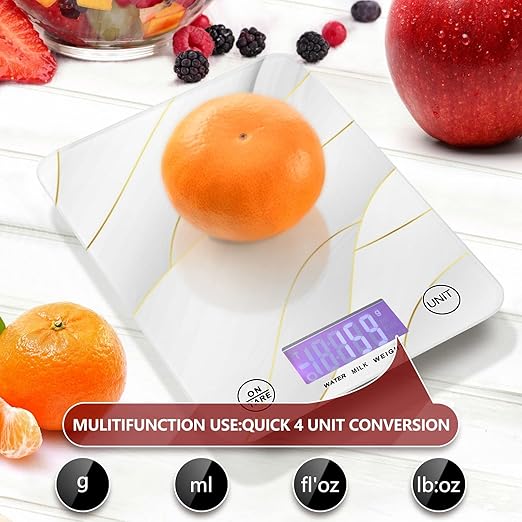 Food Scale Kitchen Digital Scale Food Ounces and Grams Dieting Baking Cooking Waterproof Glass Panels LCD Display,4 Units Scale Tare Function Marble White
