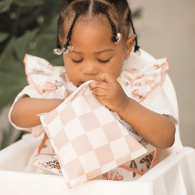 Tiny Twinkle 3 Pack Reusable Snack Bags - Machine Washable, PFAS, PVC, BPA, Phthalate-Free Reusable Baby and Toddler Food Safe Snack Bags (Beige Checkers)