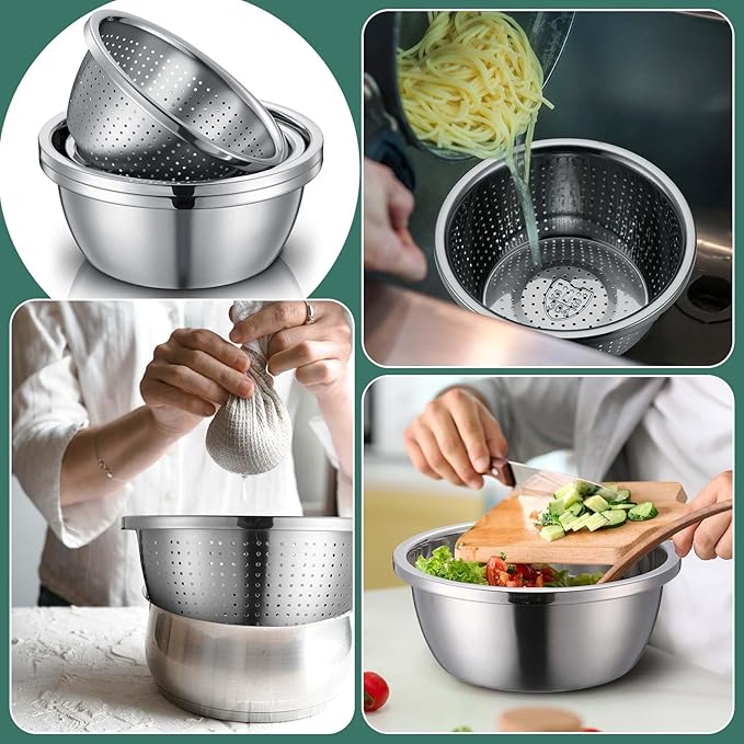 Tioncy 4 Pcs 304 Stainless Steel Microporous Colander with Mixing Bowl 2 QT & 4 QT Rice Strainer Fruit and Vegetables Washer Strainer Bowl for Draining Cooked Pasta, 2 Sizes