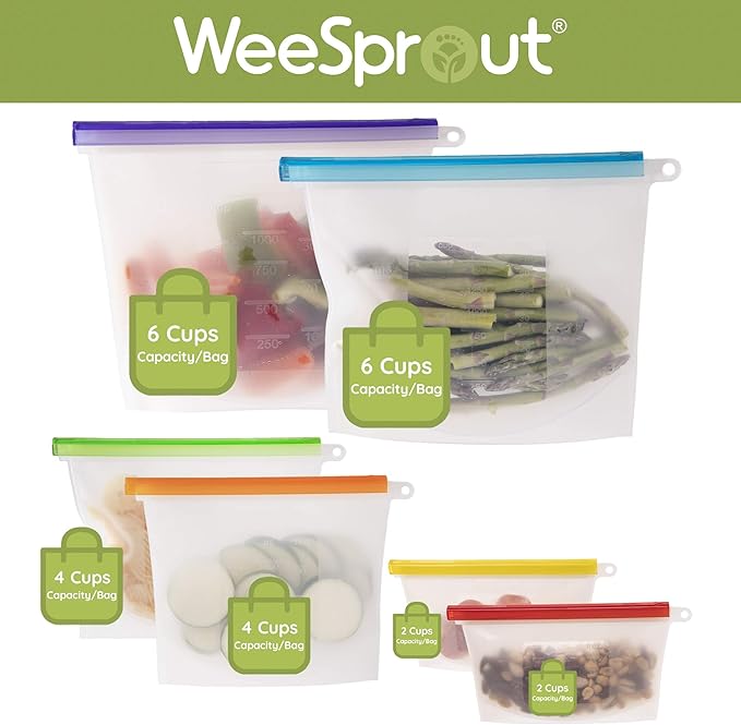 WeeSprout 100% Silicone Reusable Food Storage Bags - Set of 6 Leakproof & Airtight Pouches (Two 6 Cup, Two 4 Cup, and Two 2 Cup), Freezer, Microwave, & Dishwasher Friendly, for Lunches and Snacks