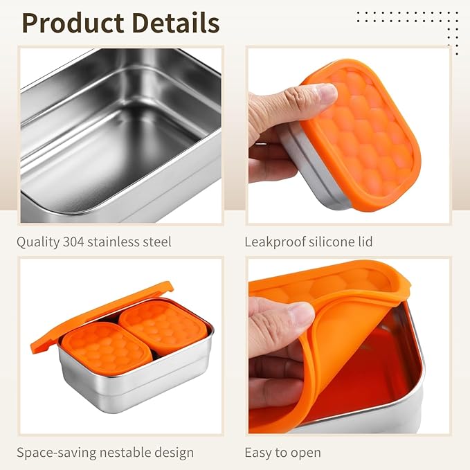 3 PCS Bento Boxes,Stainless Steel Lunch Boxes, Food Storage Containers, Portable Metal Lunch Containers, Reusable Dishwasher Safe Lunch Snack Boxes (2PCS 230ml + 1PCS 720ml)