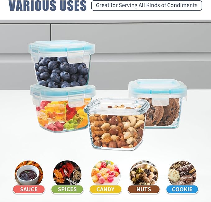 Small Glass Containers 6 Pack, 6 oz Reusable, Airtight, Leakproof Mini Food Storage Containers with Lids