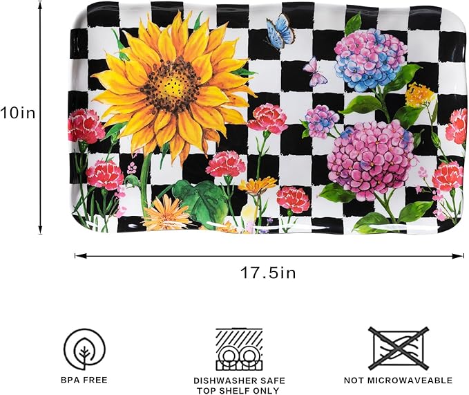 LEHAHA Rectangular Melamine Sunflower Serving Tray, 2-Piece Hydrangea Serving Platter Set, 17.5" x 10" Colorful Trays/Platters Sets for Outdoor and Indoor Dining and Entertaining Parties,Black Plaid