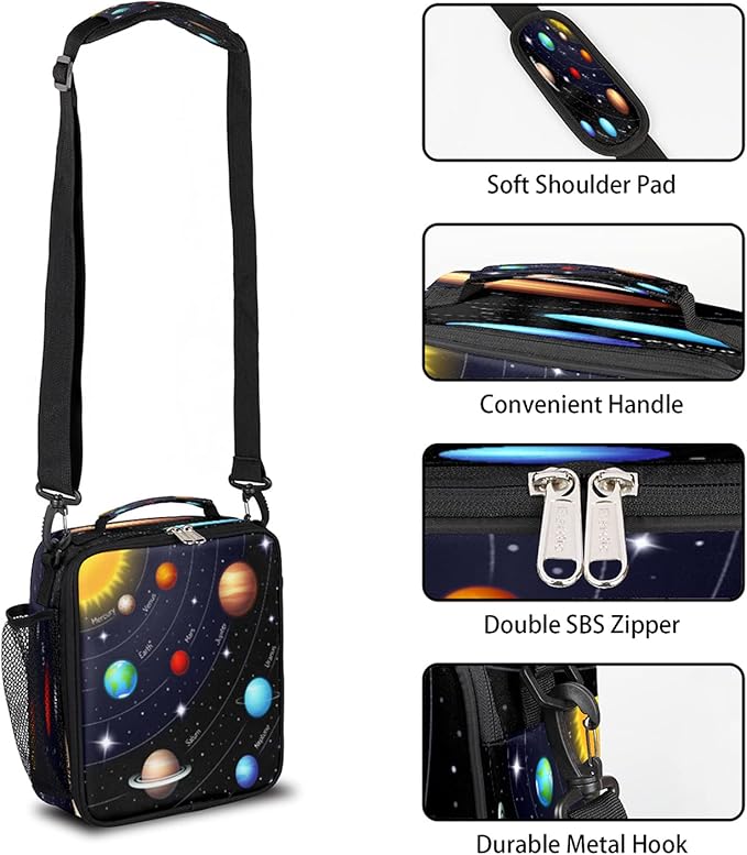 Universe Galaxy Solar System Planets Kids Lunch Box Insulated Lunch Bag Tote for Girls Boys, Cooler Freezable Meal Prep Bag with Shoulder Strap Waterproof Lunch Container for School Office Picnic