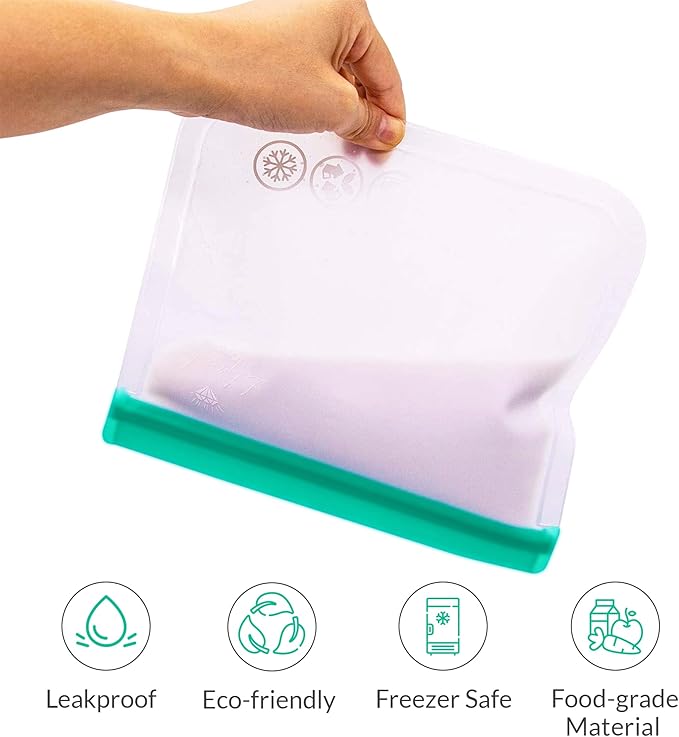 | 22 Pack Reusable Storage Bags, BPA FREE(4 Gallon Ziplock Bags+ 9 Reusable Snack Bags + 9 Sandwich Bags) Food grade PEVA, Leakproof Bags for Meat, Fruit, Vegetable)