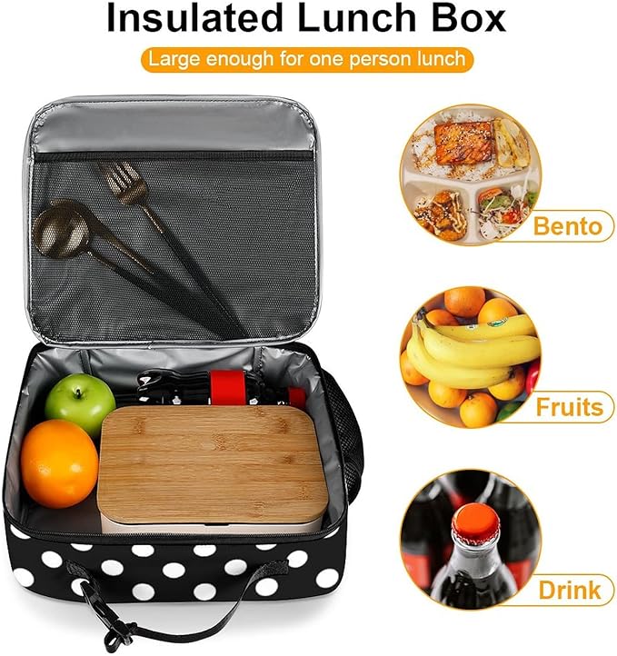 Polka Dot Black Reusable Lunch Box Insulated Lunch Bag Cooler Bag Lunchbox Meal Food Container Tote Bag for Women Kids Girls School Camping Hiking Picnic Beach Travel