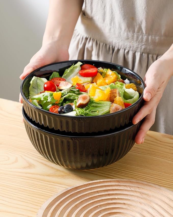 Hasense Large Serving Bowls Set of 2, 60 Oz Porcelain Salad Bowl 8 Inch for Kitchen Dining,Elegant Ribbed Ceramic Dishes for Party,Soup,Pho,Pasta,Cereal,Fruit - Dishwasher & Microwave Safe, Black