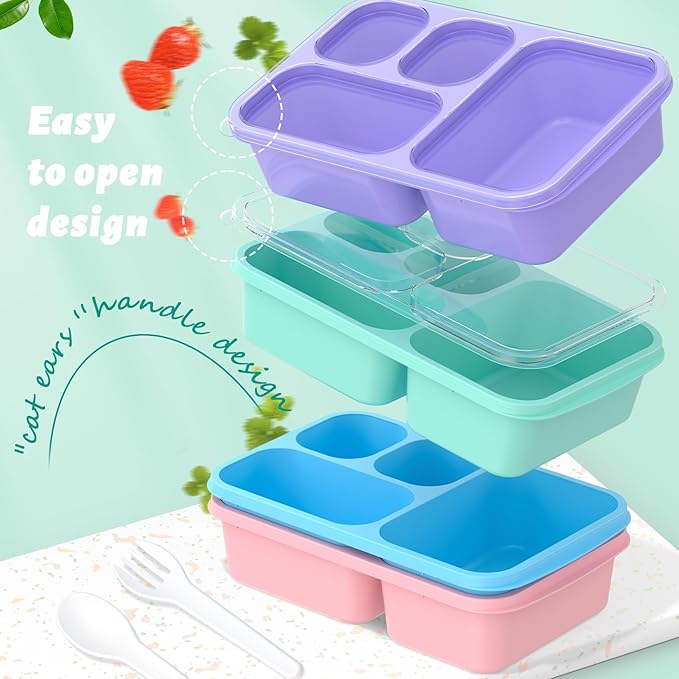 Bento Lunch Box - 4 Pack, Snack Box Containers Meal Prep Container Microwave Safe, Lunch Box of 4-Compartment, Bento Box Adult Lunch Box, Dishwasher Safety (PP(B/P/G/P))