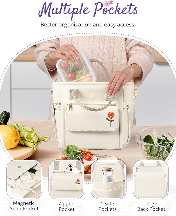 Deluxe Large Insulated Lunch Bag Box Women - Leakproof Waterproof Cooler with Multi Pockets Removable Strap for Work Picnic - Teacher Mothers Day Christmas Birthday Gifts