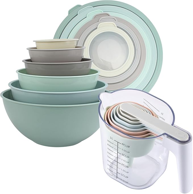 COOK WITH COLOR Mixing Bowls and Measuring Cups Bundle- 6 Bowls with Airtight Lids and Nesting Measuring Cups Set