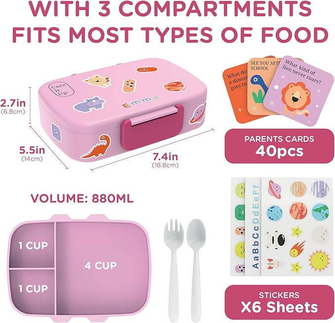 Kids Bento Lunch Box For Boys and Girls With Free Cutlery Set, 6 Sticker Sheets (5+ Years) and Parent Cards - 880 ML Leakproof 3 Compartment Lunch Box for kids, Portion Control Bento Box Kids - Pink