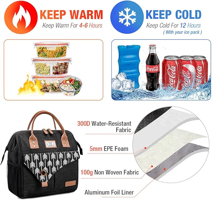 Lekesky Insulated Lunch Bag for Women Leakproof Wide Open Lunch Box Reusable Lunch Cooler Bag for Adults Work, Black