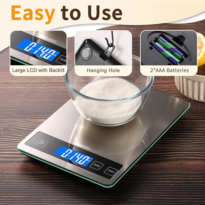 33LB Digital Kitchen Scale with Tempered Glass and Stainless Steel Surface, 1g/0.1oz Food Scale with Backlight Display, AAA Batteries, for Baking, Making Sourdough Bread, Meal Prepping Black