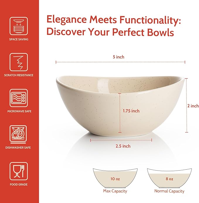 Sweese 5 Inch Porcelain Small 10 oz Bowls Set of 6, for Dessert | Ice cream | Soup | Rice | Fruits | Small Portions - Microwave, Dishwasher, and Oven Safe - Beige