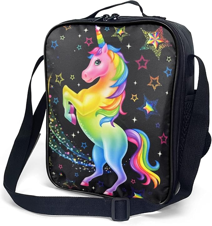 Kids Lunch Box, Insulated Lunch Bag for Girls, Cute Unicorn Lunch Bag with Shoulder Strap, School Bento Lunch Box for Kids Toddlers Teens, Aesthetic Black Reusable Cooler Thermal Meal Tote Kit