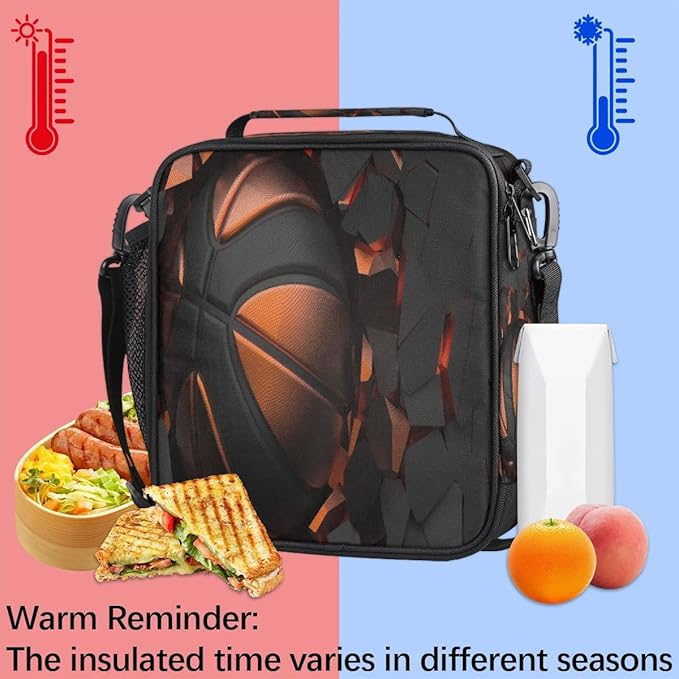 Basketball Kids Lunch Box for Boys Girls Sports Basketball Lunch Bag for Kids Insulated Lunchbox with Adjustable Shoulder Strap Teens Cooler Lunch Bag for School Picnic