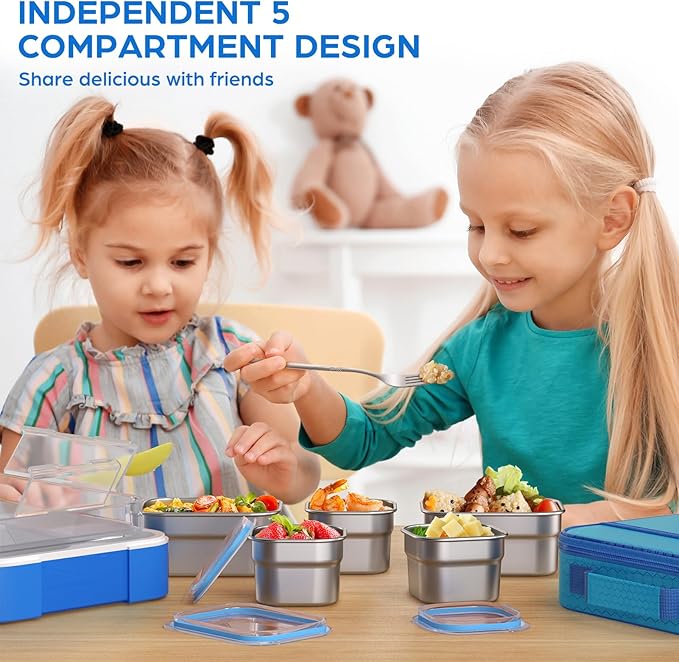 Bento Box Stainless Steel Lunch Box Set with for Lunch Bag Kids Adult 5-Compartment Leakproof Insulated Lunch Containers with Utensils for School Works, Metal Lunchbox Tray BPA-Free (Blue)