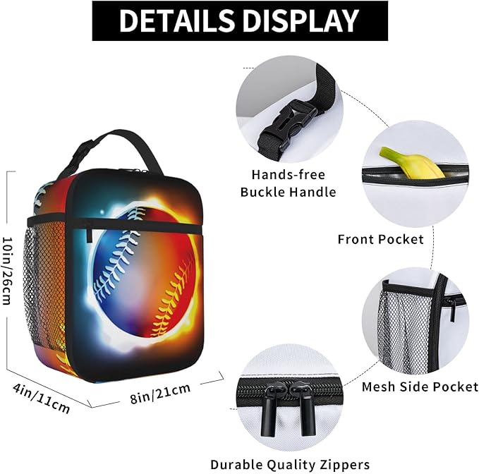 SARA NELL Cool Growing Fireball Lunch Box Baseball Lunch Bag Insulated Reusable Portable Lunch Tote Cooler Bag for Women Men Teens Kids, Office Work School Travel Lunchbox