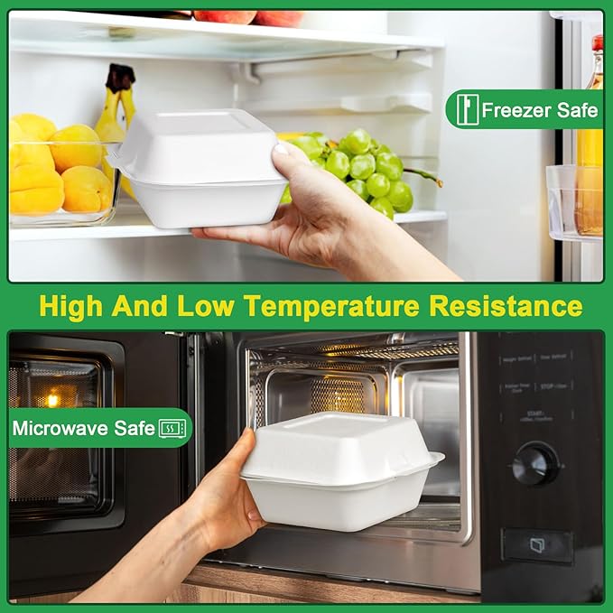 6x6 Clamshell Take Out Containers, 100 Pack To Go Boxes, Compostable To Go Food Containers, Heavy-Duty Take Out Boxes Made Of Sugar Cane Fibers