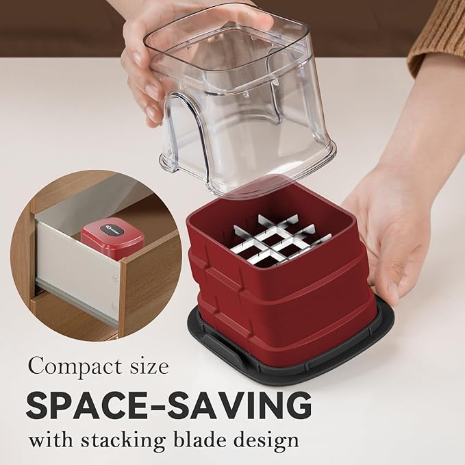 KEOUKE Vegetable Chopper 3 Interchangeable Blades Onion Chopper Multi-functional Potato French Fry Cutter Manual Vegetable Cutter Dicer for Cucumber, Tomato, Carrot with Container & Storage Box, Red