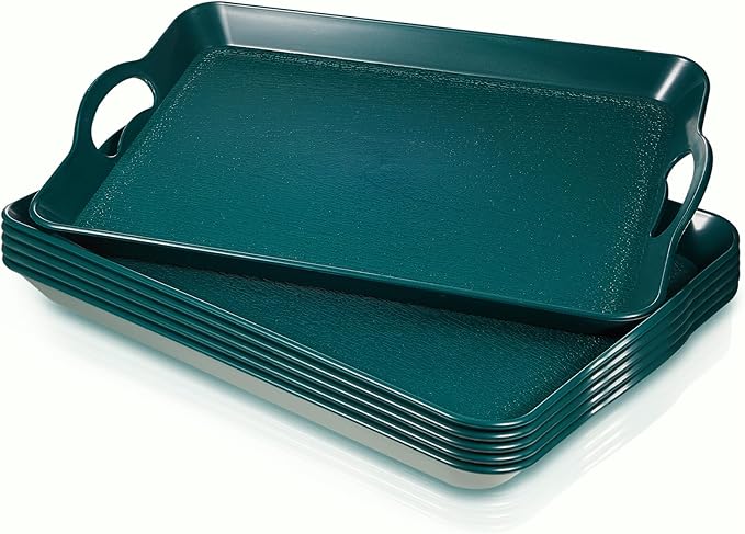 6 Pcs Serving Trays with Handles Trays for Eating 16 x 11 Inch Multi Purpose Plastic Tray Rectangular Anti Skid Decorative Food Tray for Restaurant Breakfast Countertop Party Kitchen (Green)