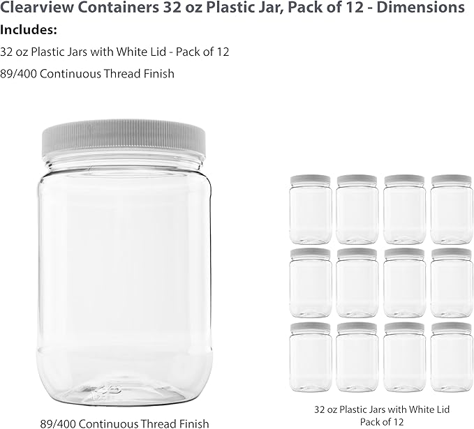 12 Pack of 32 Ounce Plastic Quart Jars with 89RM Leak Proof Seal Lid - Food Grade and BPA Free (32oz, 12pk)